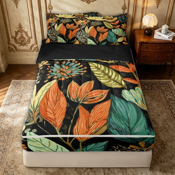 Erosebridal Tribal Lotus Bloom Zipper Full Size Comforter Sets with Fitted Sheet and 2 Pillowcases for Women Girls, Bohoemian Leaf Print Zipper Bedding Set, Black Reversible, 4 Pieces