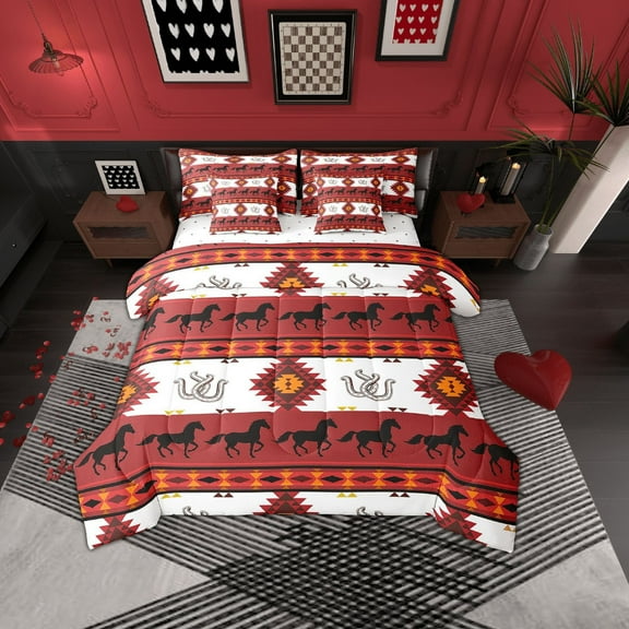 Erosebridal Tribal Southwestern Bedding Sets Twin Size, Bohemian Aztec Comforter Sets with Sheets, Horseshoes Horse Room Decor, Reversible 7-Piece