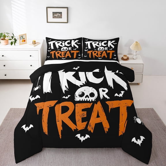 Erosebridal Trick or Treat Bedding Sets King with Comforter, Skull Bat Duvet Insert, Halloween Theme Reversible Comforters & Duvets, Breathable Bedroom Decoration, 3-Piece