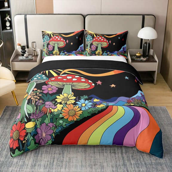 Erosebridal Trippy Mushroom Duvet Cover Full Groovy Floral Bedding Set Rainbow Striped Comforter Cover Hippie Boho Eye Bed Sets Starry Night Bedding 70s Theme Decor with 2 Pillowcase (No Comforter)