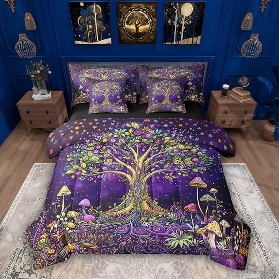 Erosebridal Trippy Tree of Life Bedding Comforter Set, Boho Mushroom Queen Bedding Sets, Black Reversible, 7pcs