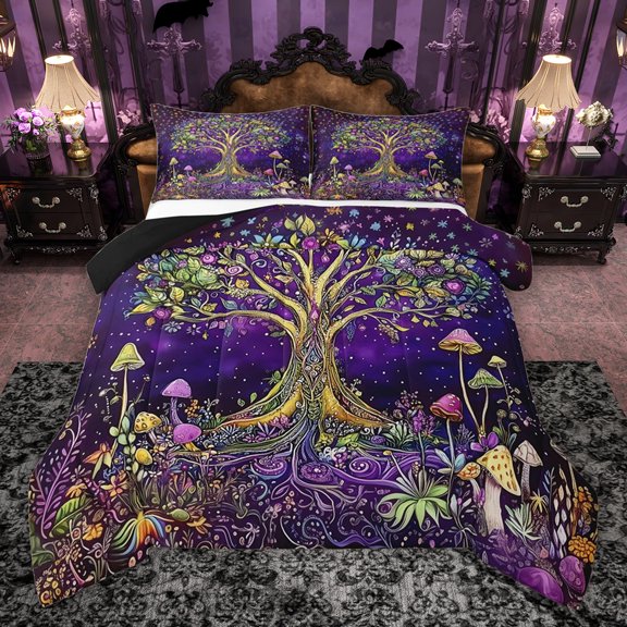 Erosebridal Trippy Tree of Life Full Size Comforter Sets, Boho Mushroom Bedding Sets, Black Reversible, 1 Comforter and 2 Pillowcases