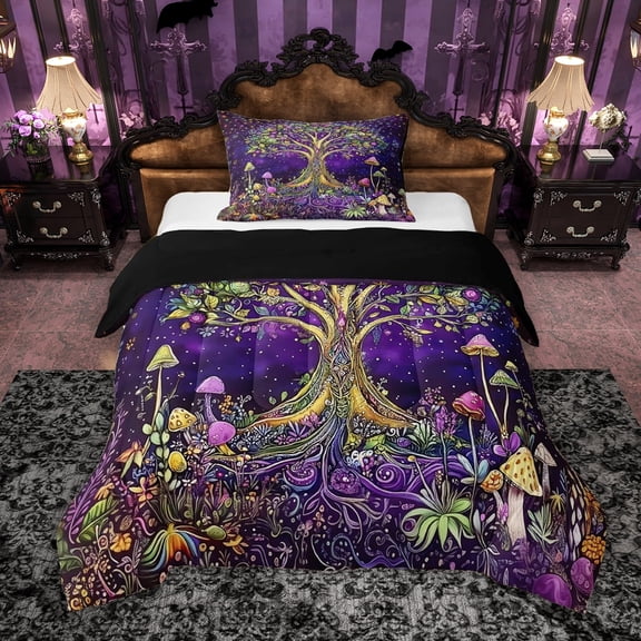 Erosebridal Trippy Tree of Life Twin Comforter Sets, Boho Mushroom Bedding Set, Black Reversible, 1 Comforter and 1 Pillowcase