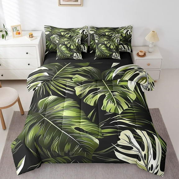 Erosebridal Tropic Palm Bedding Sets Queen Size, Leaves Plant Comforter Sets with Sheets, Green, Reversible 7 Pieces