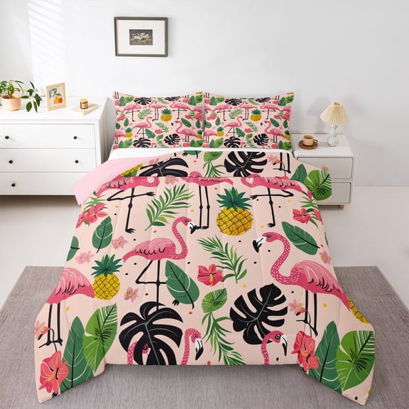 Erosebridal Tropic Palm Comforter Sets Twin Size, Flamingo Animal Comforters & Duvets, Pineapple Print Reversible Bedding Twin Comforter Set, Lightweight Room Decorative, 2-Piece