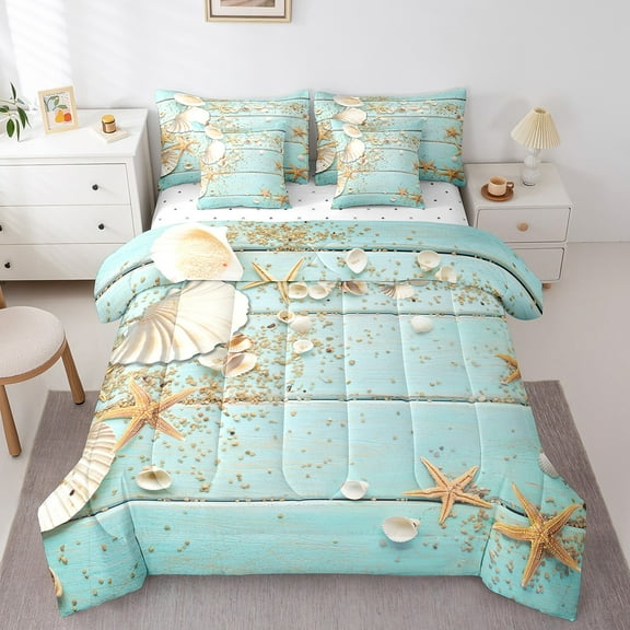 Erosebridal Tropical Beach Bed in a Bag Queen Size, Ocean Starfish Sea Shell Bed Set, Summer Holiday Bed Sheets Setp with Comforter, Lightweight Bedroom Decor, Reversible 7 Pieces