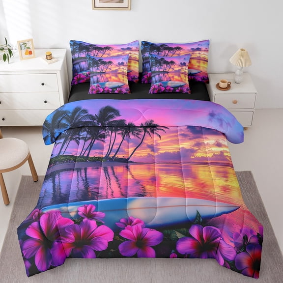 Erosebridal Tropical Beach Bed in a Bag Queen size, Rustic Lake Bed Set, Pink Floral Reversible Bedding Queen Size, Lightweight Room Decor, 7 Pieces