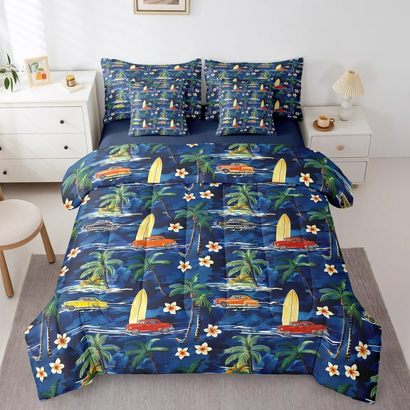 Erosebridal Tropical Beach Bedding Sets King Size,Flower Coconut Tree Comforter Sets with Sheets,Red Car Bed in a Bag King Size For Teens,Lightweight Room Decorative Reversible,7-Piece