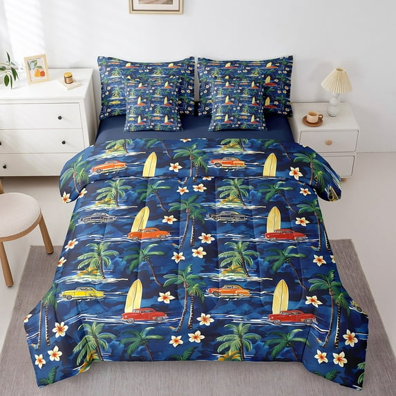 Erosebridal Tropical Beach Bedding Sets Twin Size,Flower Coconut Tree Comforter Sets with Sheets,Red Car Bed in a Bag Twin Size For Teens,Lightweight Room Decorative Reversible,7-Piece