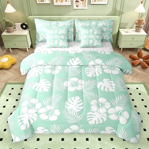 Erosebridal Tropical Blossoms Bedding Comforter Set for Girls, Green White Full Bedding Set, Reversible, 7pcs
