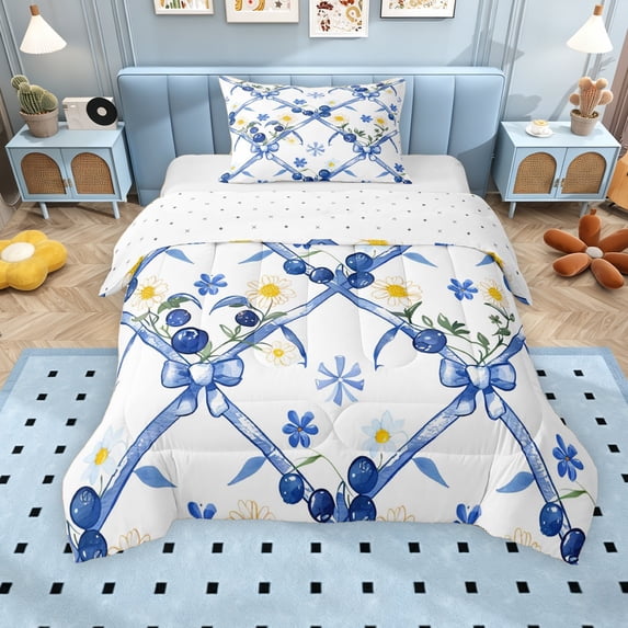 Erosebridal Tropical Blueberry Twin Comforter Sets for Girls, Daisy Flower Bedding Set, Reversible, 2pcs