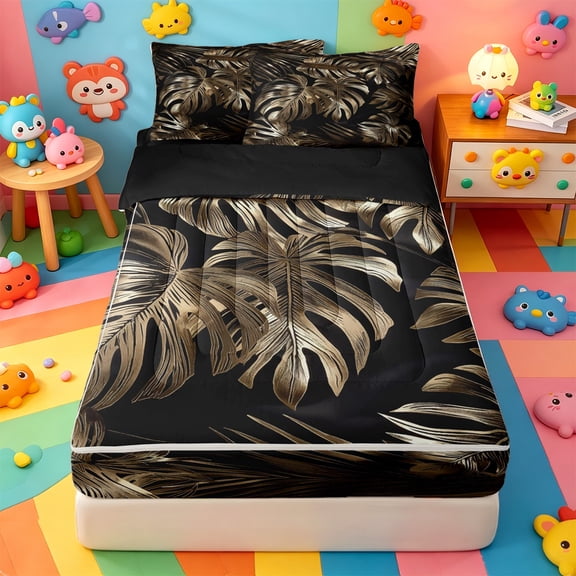 Erosebridal Tropical Botanical Print Zipper Twin Comforter Sets with Fitted Sheet and 2 Pillowcases,Golden Monstera Leaf Zipper Bedding Set For Adults,Black Reversible,4-Piece