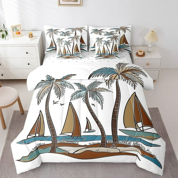 Erosebridal Tropical Coconut Bedding Sets Queen Size, Nautical Saliboat Comforter Sets with Sheets, Vintage Ocean Decor, Reversible
