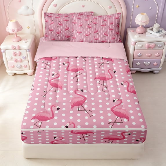 Erosebridal Tropical Dot Zipper Queen Comforter Set with Fitted Sheet and 2 Pillowcases,Pink Flamingo White Polka Dot Print Zipper Bedding Set For Girls,Pink Reversible,4 Pieces