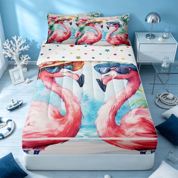 Erosebridal Tropical Flamingo Zipper Twin Comforter Sets with Fitted Sheet and 2 Pillowcases, Coastal Animal Zipper Bedding Set, Polka Dots Reversible