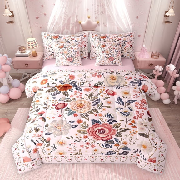 Erosebridal Tropical Floral Twin Bedding Sets, Vintage Flower Bedding Comforter Set for Girls, Pink, Pink Reversible, 7pcs