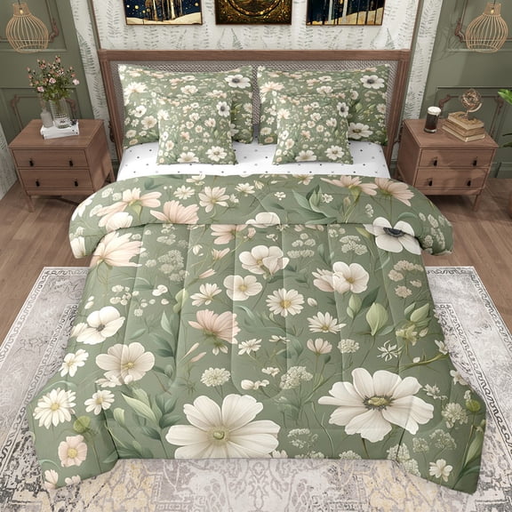 Erosebridal Tropical Floral Twin Bedding Sets for Girls Women, Green Bedding Comforter Set, Reversible, 7pcs