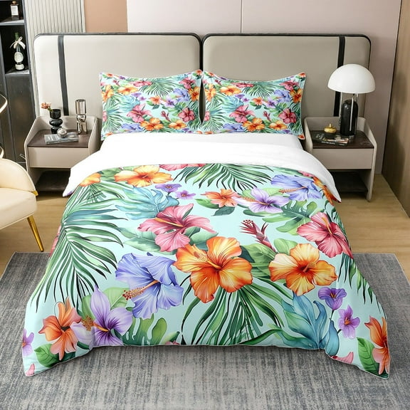 Erosebridal Tropical Flower 100% Cotton Duvet Cover Queen Size, Palm Leaves 100% Cotton Comforter Cover Queen, Botanical Decor, 3-Piece（No Comforter）