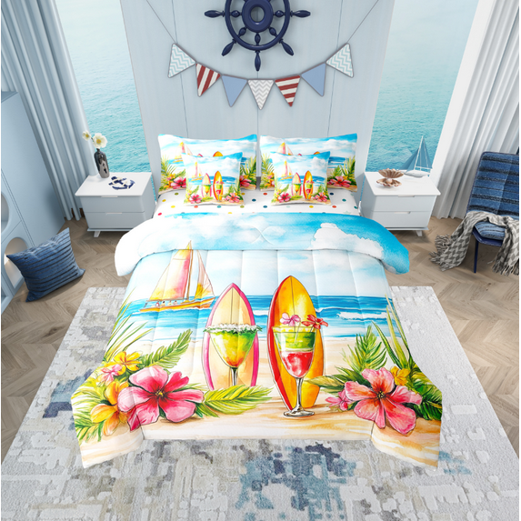 Erosebridal Tropical Flower Bed in a Bag Full size, Surfboard Bed Set, Beach Ocean Reversible Bedding Full Size, Super Cozy Bedroom Decor, 7pcs