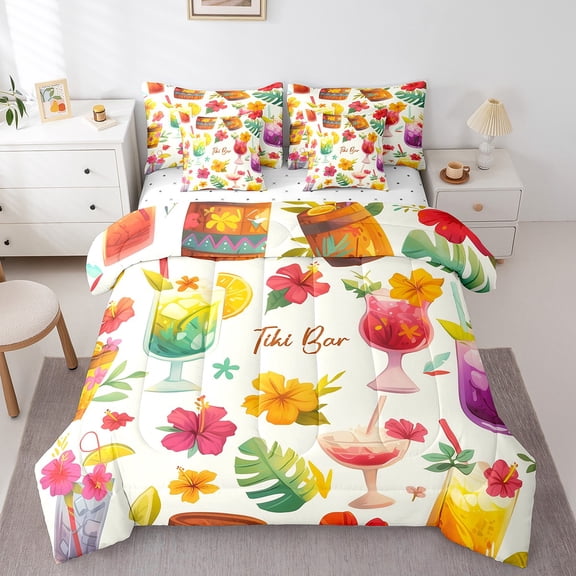 Erosebridal Tropical Flower Bedding Sets Twin Size, Palm Leaves Comforter Sets with Sheets, Ocean Beach Decor, 7 Pieces