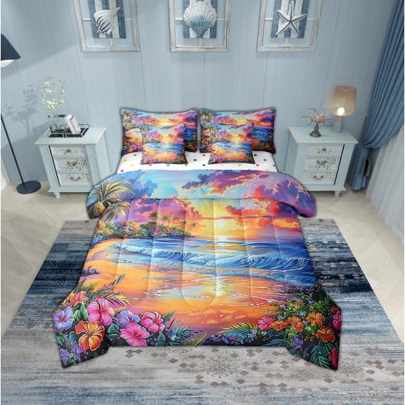 Erosebridal Tropical Flower Bedding Sets Twin Size,Summer Beach Comforter Sets with Sheets,Teenager Bedroom Decor,Reversible,Breathable,7pcs
