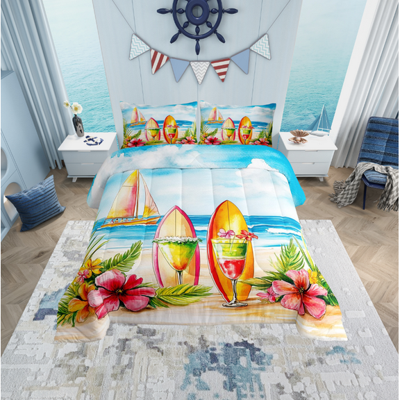 Erosebridal Tropical Flower Bedding Twin Comforter Set, Surfboard Down Comforter, Beach Ocean Reversible Comforters & Duvets, Super Cozy Bedroom Decor, 2pcs