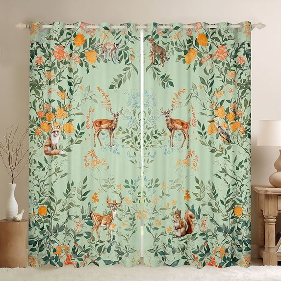 Erosebridal Tropical Flower Curtains Pack of 2 (42x84 Each), Woodland Animal Squirrel Deer Curtains Blackout, Green