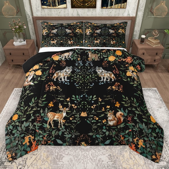 Erosebridal Tropical Flower Queen Comforter Set, Woodland Animal Deer Wolf Bedding Comforter Set, Black Reversible, 3pcs