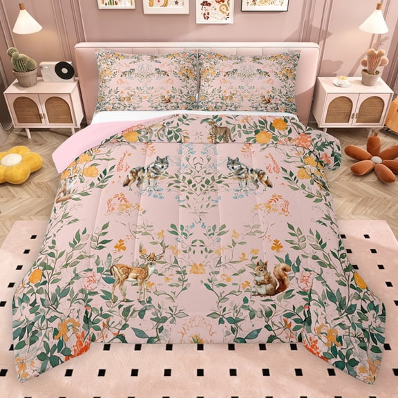 Erosebridal Tropical Flower Queen Comforter Set, Woodland Animal Wolf Deer Bedding Comforter Set, Pink Reversible, 3pcs