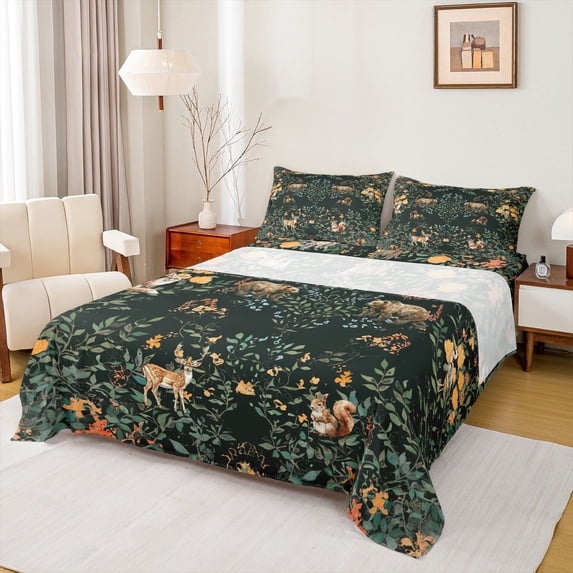 Erosebridal Tropical Flower Queen Sheet Sets, Jungle Animal Deer Bear Bed Set, 4 Pieces, 1 Flat Sheet 1 Fitted Sheet and 2 Pillowcases