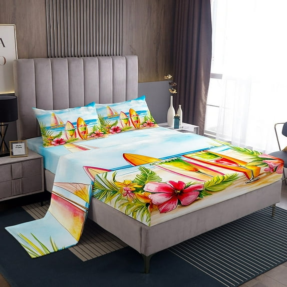 Erosebridal Tropical Flower Sheet Set Twin, Surfboard Twin Sheet Sets, Beach Ocean Bedding Twin Size, Super Cozy Bedroom Decor, 3pcs