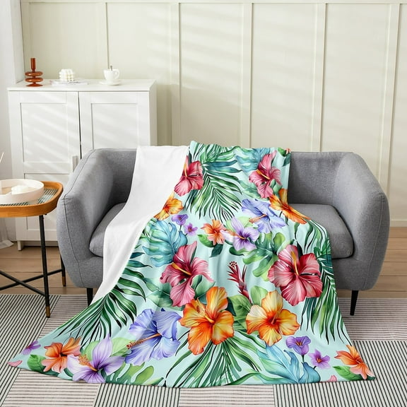 Erosebridal Tropical Flower Throw Blanket for Couch, Palm Leaves Plush Blanket, Botanical Decor