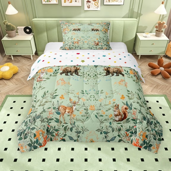 Erosebridal Tropical Flower Twin Comforter Sets, Jungle Animal Bear Deer Bedding Set, Green, Polka Dots Reversible, 2pcs