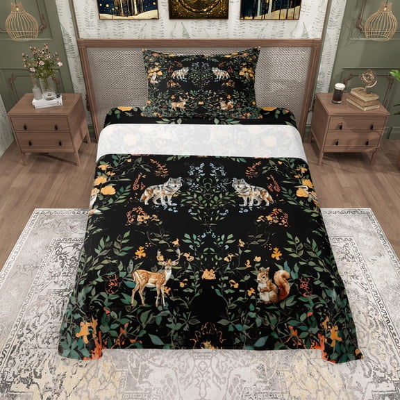 Erosebridal Tropical Flower Twin Sheet Sets, Woodland Animal Deer Wolf Bedding, 3 Pieces, 1 Flat Sheet 1 Fitted Sheet and 1 Pillowcase