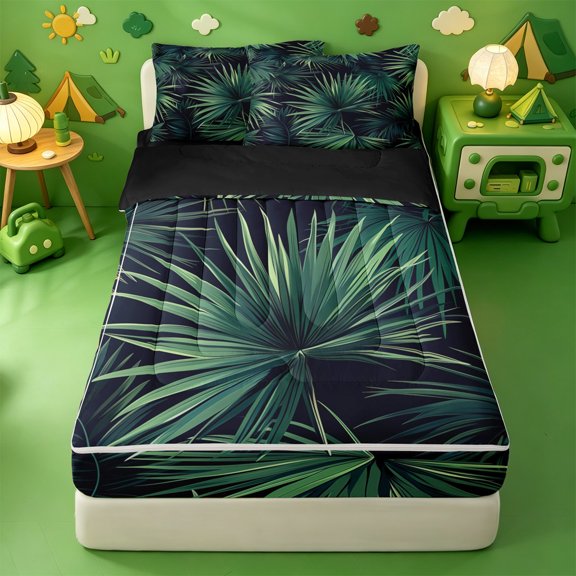 Erosebridal Tropical Jungle Zipper Twin Comforter Sets with Fitted Sheet and 2 Pillowcases,Palm Fan Leaf Zipper Bedding Set For Adults,Black Reversible,4 Pieces