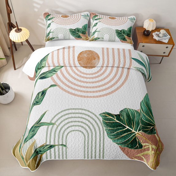 Erosebridal Tropical Leaf Quilt Full for Women Men, Boho Arch Line Circle Print Full Bedspread Sets, 3-Piece