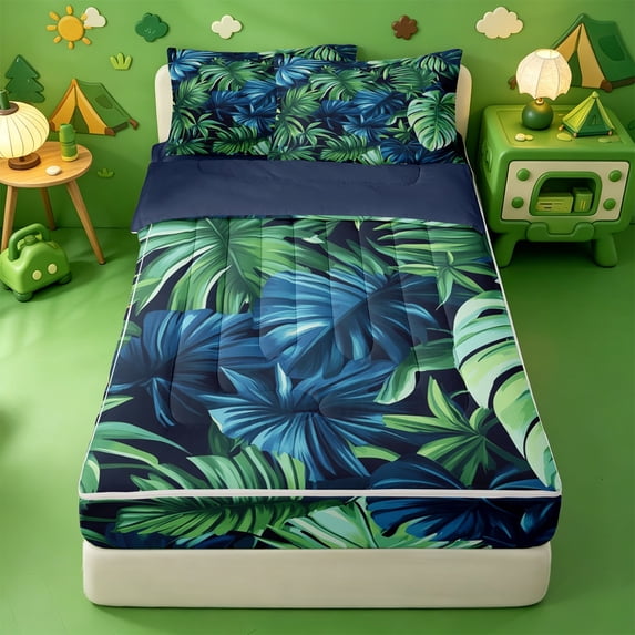 Erosebridal Tropical Monstera Palm Leaf Zipper Queen Comforter Set with Fitted Sheet and 2 Pillowcases,Jungle Green Gradient Zipper Bedding Set For Adults,Navy Blue Reversible,4-Piece
