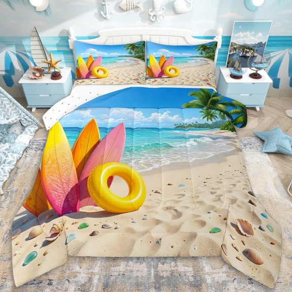 Erosebridal Tropical Ocean Beach Queen Comforter Set 3pcs For Boys Girls,Teens Summer Holiday Surfing Bedding Comforter Set,Super Cozy Room Decor