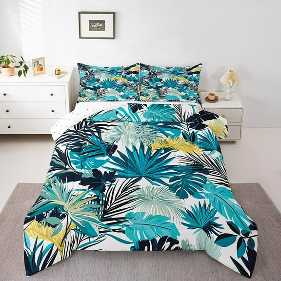 Erosebridal Tropical Palm Tree Comforter Sets Twin Size, Botanical Leaves Comforters & Duvets, Teal Bedding Twin Comforter Set, Super Cozy Bedroom Decor, 2-Piece