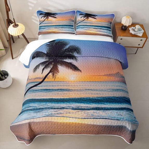 Erosebridal Tropical Palm Tree Quilt Full for Women Men, Sunset Beach Full Bedspread Sets, Blue Orange, 3 Pieces