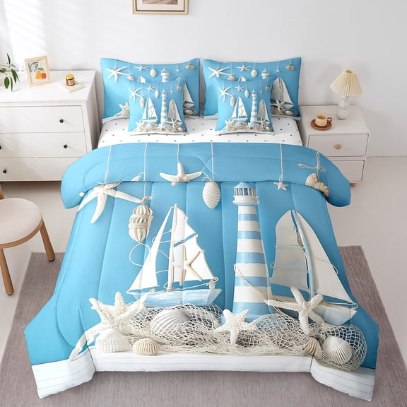 Erosebridal Tropical Summer Beach Bed in a Bag Twin Size, Coastal Seaside Farmhouse Lodge Cabin Bed Set, Starfish Decor, Reversible 7 Pieces