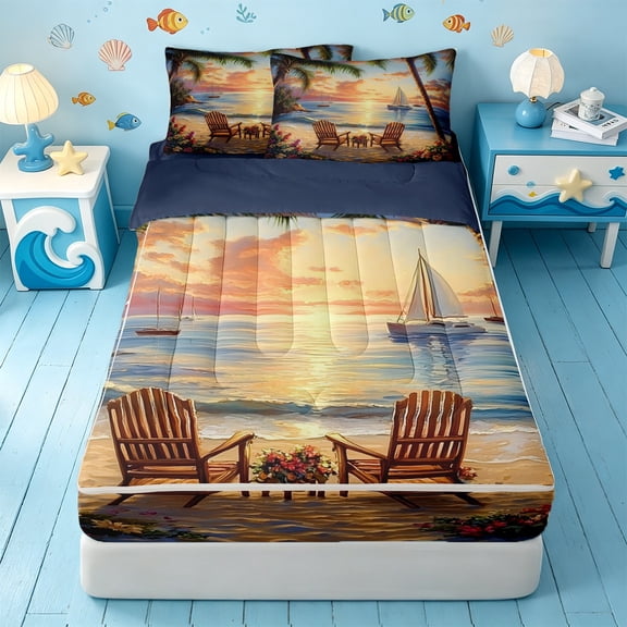 Erosebridal Tropical Sunset Beach Zipper Twin Comforter Sets with Fitted Sheet and 2 Pillowcases,Palm Sailboat Summer Coastal Print Zipper Bedding Set For Boys,Navy Blue Reversible,4pcs