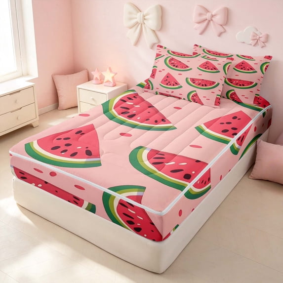 Erosebridal Tropical Watermelon Zipper Full Size Comforter Sets with Fitted Sheet and 2 Pillowcases, Summer Fruit Zipper Bedding Set, Pink Reversible
