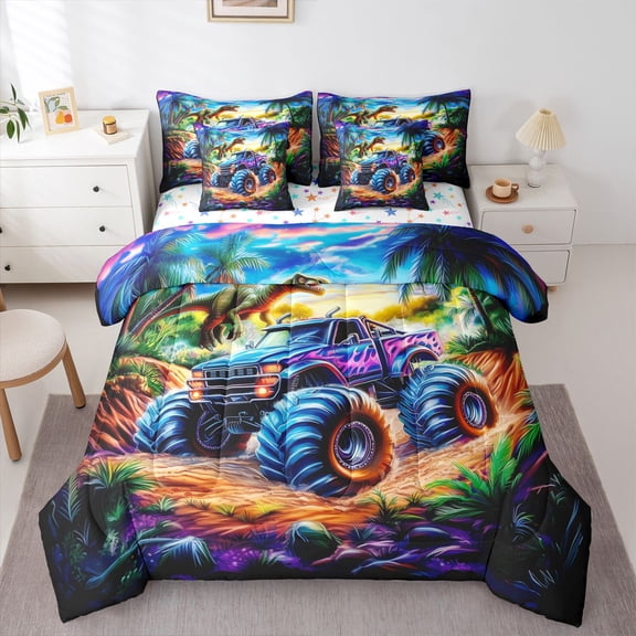 Erosebridal Truck Bed In A Bag With Sheets,Cartoon Dinosaur Bedding Set Cool Dino Car Queen Comforter Set 7 Piece Green Tropical Botanical Wildlife Sheet Set With Comforter