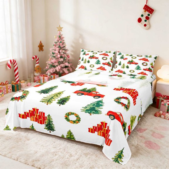 Manfei Truck King Sheets Christmas Bedding, Black Green 4 Pieces (1 Flat Sheet, 1 Fitted Sheet and 2 Pillowcases)