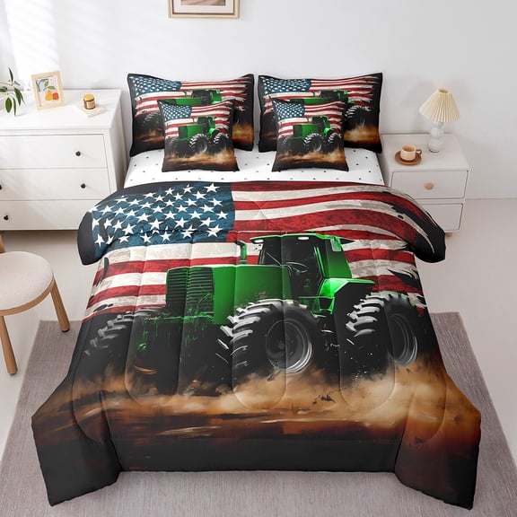 Erosebridal Truck Tractor USA Flag Bedding Sets Queen Size, Independence Day July Fourth Comforter Sets with Sheets, Ultra Soft Bedding Accessories, Room Decorative, Reversible 7pcs