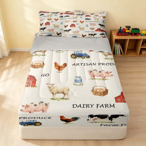 Erosebridal Truck Zipper Queen Comforter Set with Fitted Sheet and 2 Pillowcases, Farm Animal Zipper Bedding Set, Farm Chicken Truck, Gray Reversible