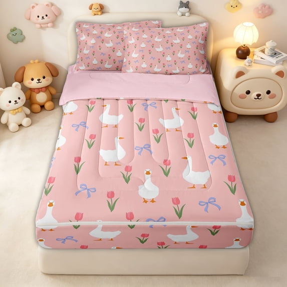 Erosebridal Tulip Bow Duck Print Zipper Full Size Comforter Sets with Fitted Sheet and 2 Pillowcases for Girl, Pink Kawaii Farm Goose Zipper Bedding Set, Pink Reversible, 4 Pieces