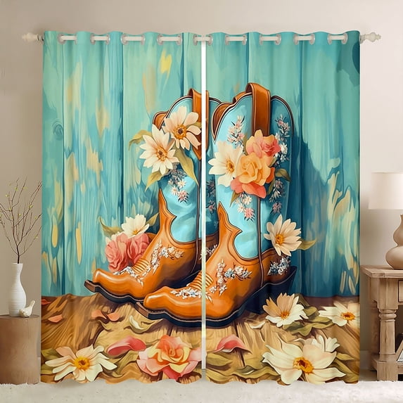 Erosebridal Turquoise Brown Cowgirl Boots Floral Print Blackout Curtains Set of 2 (52x84 Each), Vintage Western Window Curtains for Girls