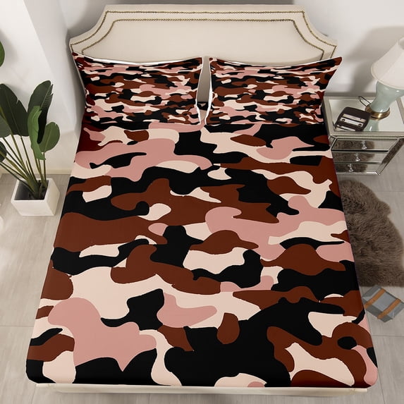 Erosebridal Turquoise Camouflage Fitted Sheet Set Queen, Tie Dye Camo Fitted Sheet Queen, Army Theme Decor 3pcs(No Top Sheet)